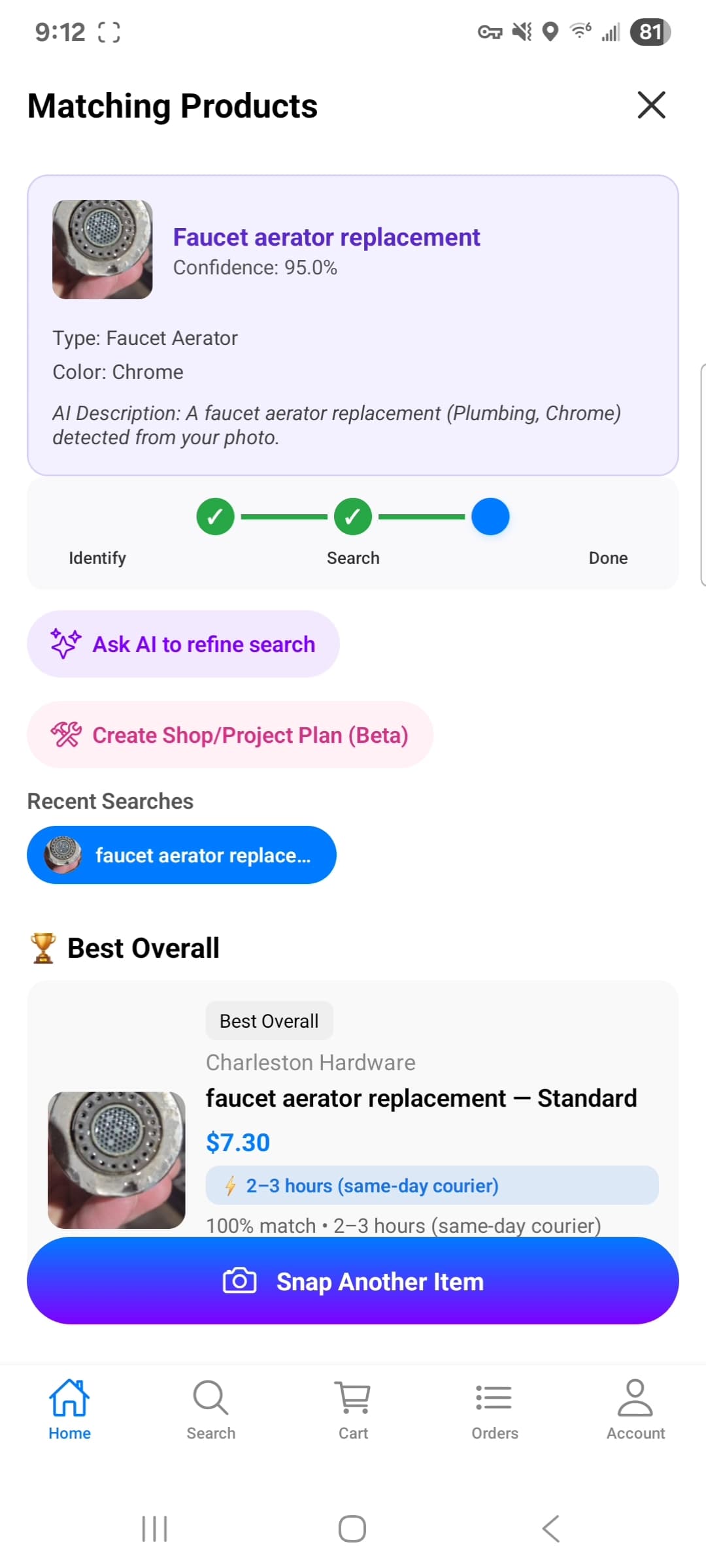 SnapShop AI results screen showing Faucet aerator replacement identified at 95% confidence with Charleston Hardware retailer match at $7.30 and same-day courier