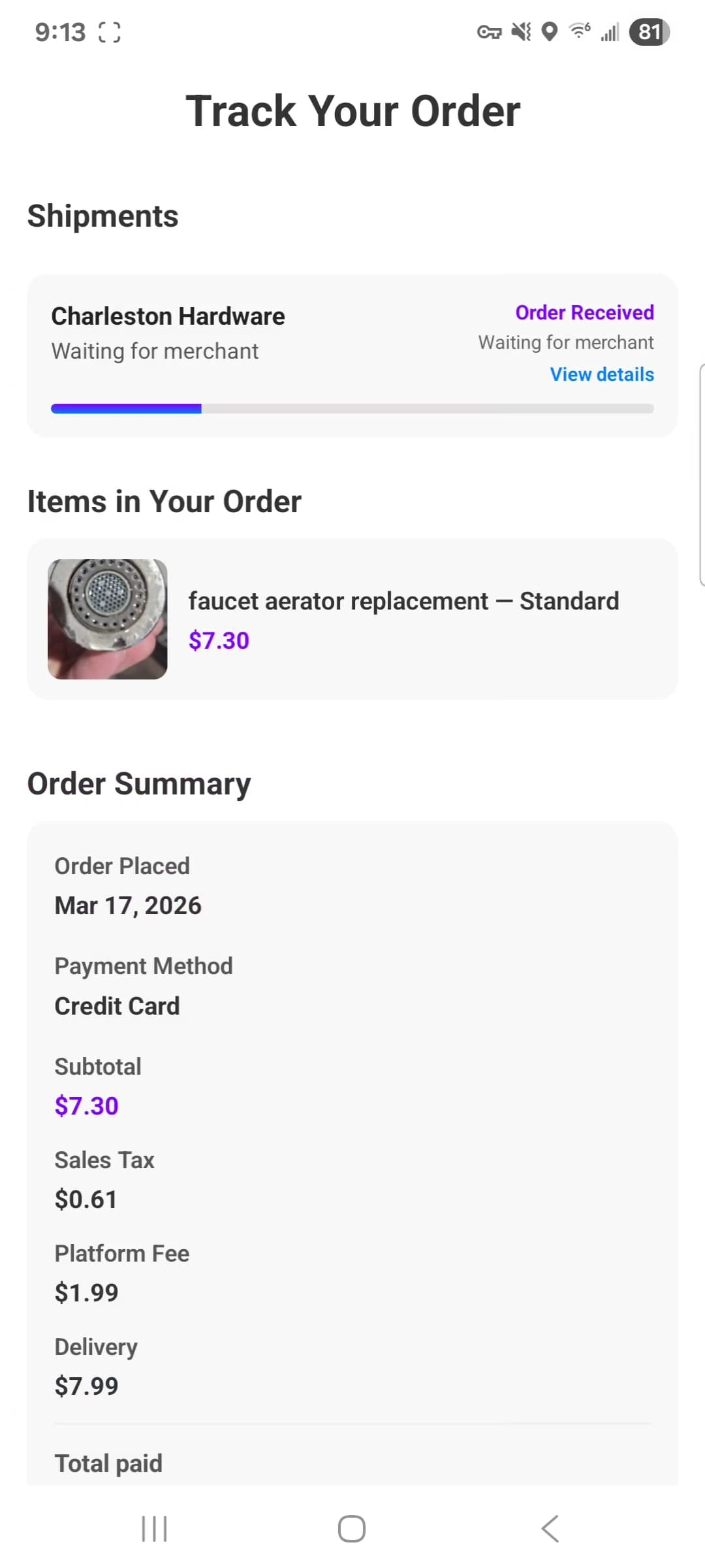 SnapShop AI order tracking screen showing delivery status and order details